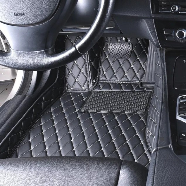 Black and Beige Stitching Luxury Leather Diamond Car Floor Mats