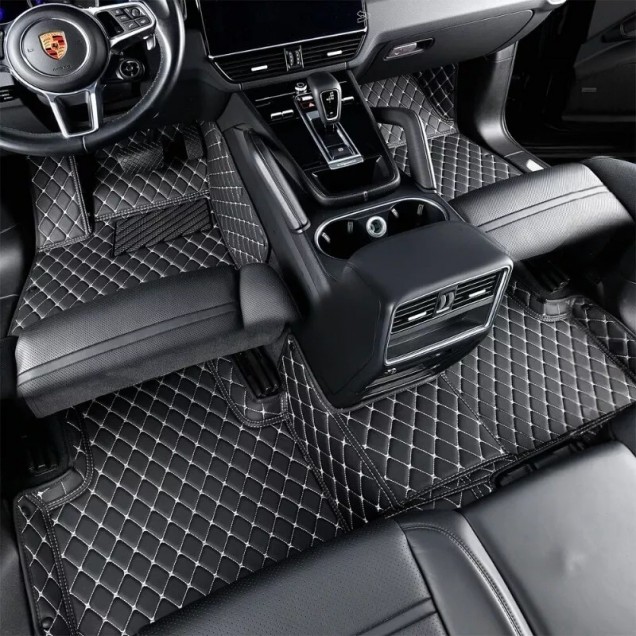 Black and Beige Stitching Luxury Leather Diamond Car Floor Mats