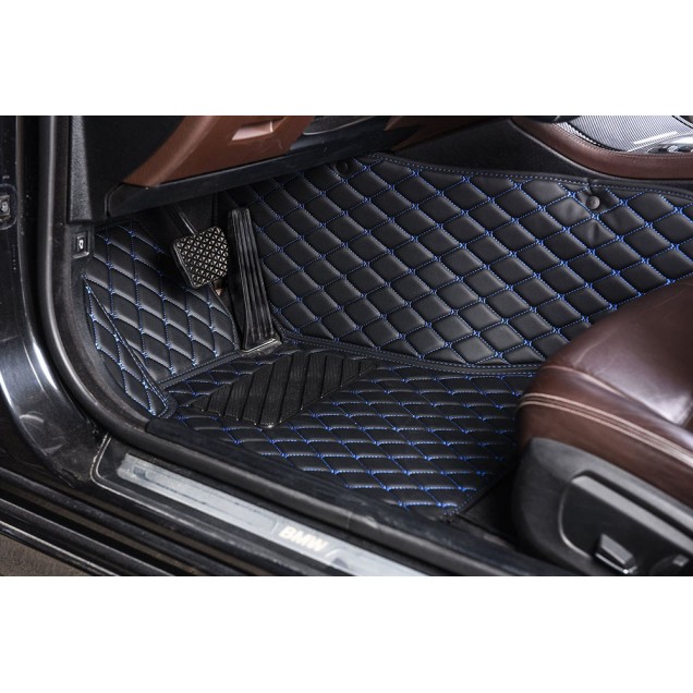 Black and Blue Stitching Luxury Leather Diamond Car Floor Mats